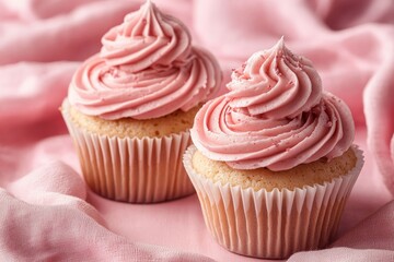 Poster - Delicious strawberry cupcakes with pink frosting on soft fabric