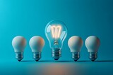 minimalizm, żarówka, świecąca żarówka, zgaszone żarówki, tło niebieskie, koncepcja kreatywności, innowacje, kreatywne myślenie, pomysł, inspiracja, symbol sukcesu, inteligencja, światło, nowoczesny de