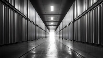 Wall Mural - a long, empty warehouse with a bright light shining down on the floor