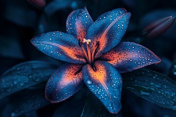 Aufkleber - Unique close-up of a vibrant blue lily flower with orange accents and dew drops against a dark background