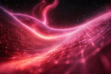 Poster - Abstract digital artwork depicting flowing waves of red light and intricate patterns in a dark cosmic setting, illustrating motion and energy