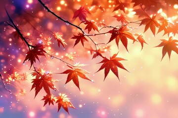 Poster - Vibrant Autumn Maple Leaves with Glowing Bokeh Background and Raindrops Captured in a Beautiful Fall Landscape Scene