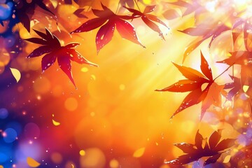 Poster - Vibrant Autumn Leaves Against a Glowing Background of Warm Colors and Beautiful Light Rays in a Serene Nature Scene