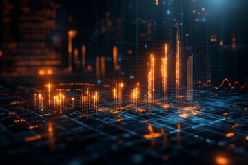 Aufkleber - Digital data visualization shows rising trends in statistical analysis and financial metrics in a darkened environment