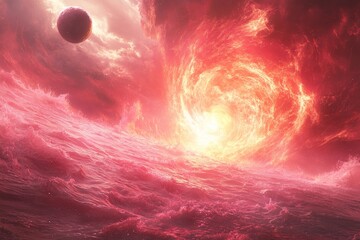 Aufkleber - Vibrant cosmic landscape with swirling red clouds and a distant planet in deep space during twilight