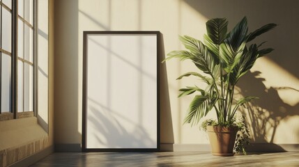Poster - Soft sunlight filters through a large window, casting gentle shadows. A blank frame stands next to a vibrant green potted plant, creating a peaceful ambiance in a cozy indoor corner
