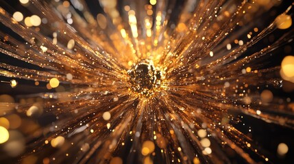 Poster - Abstract explosion of golden particles radiating outward, creating a dynamic visual effect with shimmering lights