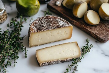 Poster - Cheese block cut in half surrounded by herbs and fresh ingredients on a marble countertop
