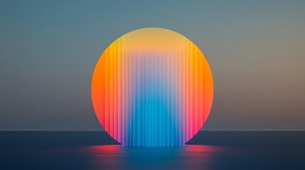 Poster - Minimalist animated abstract: elliptical form with vibrant horizontal stripes of reds, oranges,