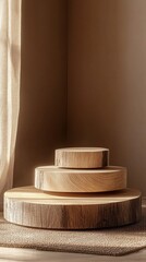 Poster - Three beautifully crafted wooden serving boards sit in a sunlit corner, showcasing the natural grain and texture of the wood. The warm light enhances the cozy ambiance of the space