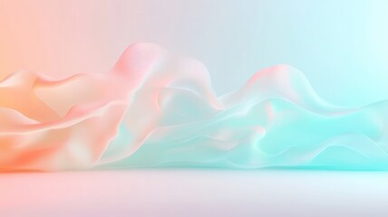 Poster - Orange fabric filling pastel pink minimalist atmosphere with iridescent striped wall, creating a dreamy room surreal and