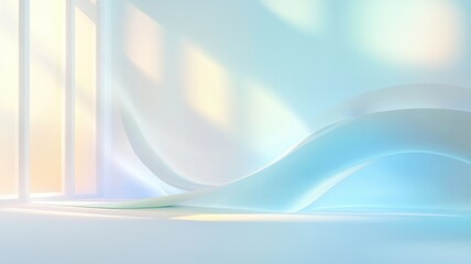 Poster - Sunlight streaming through minimalist window, casting ethereal blue white wave patterns across sleek interior space