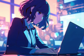 Poster - Focused Woman in Business Attire Working on Laptop in Urban Office