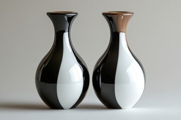 Aufkleber - Elegant black and white ceramic vases with wooden accents displayed on a neutral background