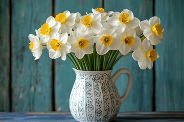Poster - Daffodils arranged in a decorative vase on a rustic wooden surface