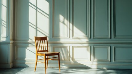 Poster - A solitary wooden chair positioned in a sunlit room with elegant wall paneling and soft shadows creating depth