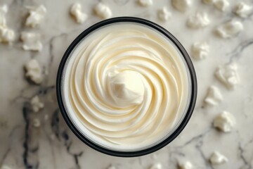 Poster - Creamy swirl of whipped topping in a black bowl on a marble surface with popcorn scattered around