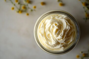 Poster - Delicious whipped cream in a jar surrounded by yellow flowers on a marble surface