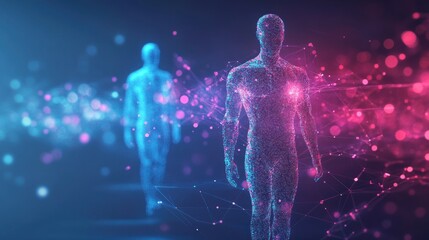 Poster - Digital representation of human figures walking in a futuristic landscape