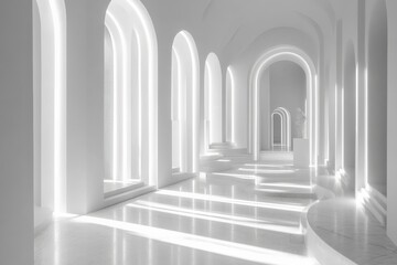 Poster - Bright white corridor with arches and soft lighting in a modern architectural space