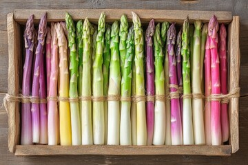 Poster - Vibrant varieties of asparagus arranged in a rustic wooden crate on a wooden table