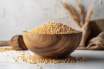 Aufkleber - Sorghum grain in wooden bowl placed on textured surface with burlap and decorative plants in background