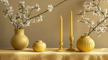 Aufkleber - A tranquil setting features beautifully arranged yellow vases with delicate branches of blossoms, accompanied by flickering candles on a soft, textured tablecloth, evoking warmth and calm