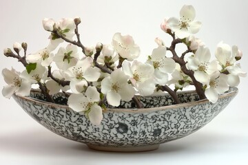 Poster - Delicate white blossoms arranged in a textured bowl on a neutral background during springtime