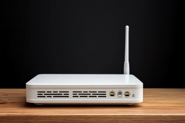 Aufkleber - Modern wireless router positioned on wooden surface against a dark background highlighting its sleek design and connectivity features