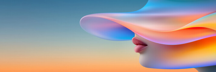 Poster - Ethereal minimalist portrait featuring smooth rainbow colors gently flowing across a womanâ€™s