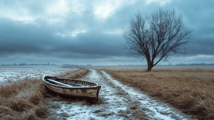 Wall Mural - snow-covered landscape with boat