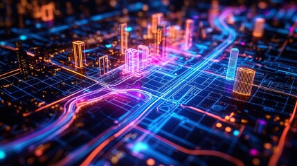 Aufkleber - 3D holographic map with glowing city streets, augmented reality navigation, vibrant overlay 