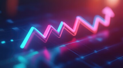 Poster - Vibrant neon graph illustrating upward trend on a digital interface, symbolizing growth and progress in technology