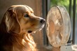 © IRINA - The dog in front of the fan. Cooling in hot weather. Air conditioning for animals. Animal care in summer.