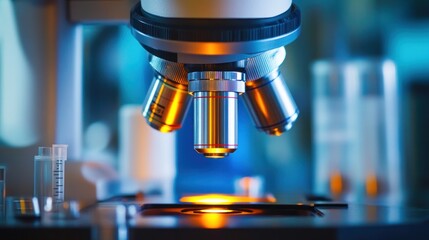 Poster - Close-up of a microscope with illuminated slide in a laboratory setting