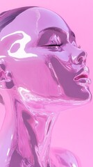 Poster - A stunning figure with a glossy, reflective surface stands out against a soft pink background, capturing an ethereal essence of modern artistry and creativity in an abstract world