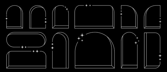 Poster - Line frames, arch windows with blinks, decorative graphic elements and backgrounds. Vector sticker set, print.