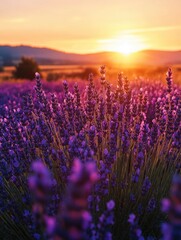 Wall Mural - sunset over purple flowers