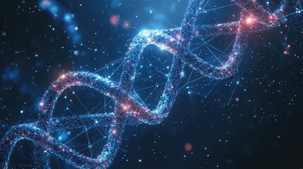 Poster - A vibrant representation of a DNA double helix structure illuminated by glowing particles against a dark background