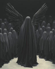 Poster - A radiant figure with wings emerging from a mass of kneeling, shrouded individuals, dramatic