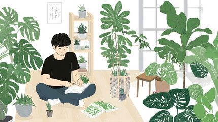 Poster - Woman artistically arranging indoor plants and design elements while transforming a cozy space into a beautifully designed room.