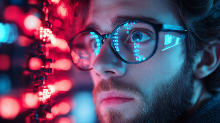 Poster - A quantum computing engineer in a cutting-edge research facility, surrounded by glowing circuits of