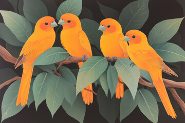 Poster - A hyper-realistic lithograph of four golden orioles resting on a twisted vine, enveloped by dense