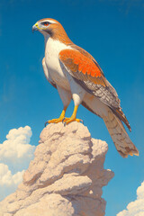 Aufkleber - A hyper-realistic lithograph of a single red-tailed hawk perched atop a rugged cliffside, scanning