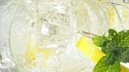 Poster - Super Slow Motion of Falling Ice Cube into Home Made Lemonade. Filmed on High Speed Cinema Camera, 1000 fps, Camera Tracking the Target.