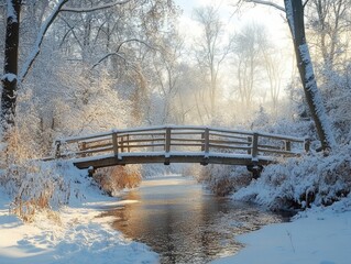 Wall Mural - snowy forest stream bridge