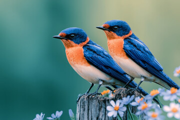 Poster - Three barn swallows with deep blue and rust-colored feathers perched on an old wooden fence post,
