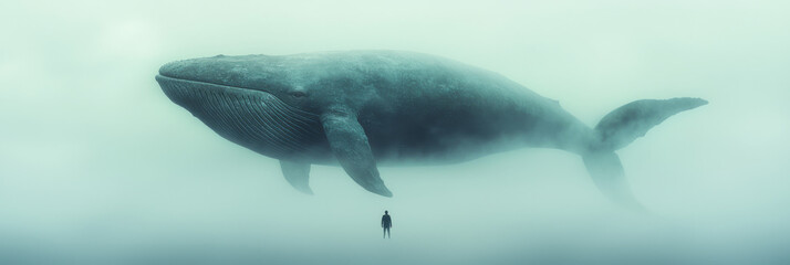 Aufkleber - A massive blue whale floating above a misty mountain range, its silhouette blending with the