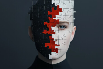 Aufkleber - A businessman whose face is fragmented into puzzle pieces, with some missing, representing an