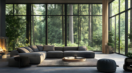 Poster - Elegant living room showcasing a large window that fills the space with natural light and trendy decor elements for a modern touch.